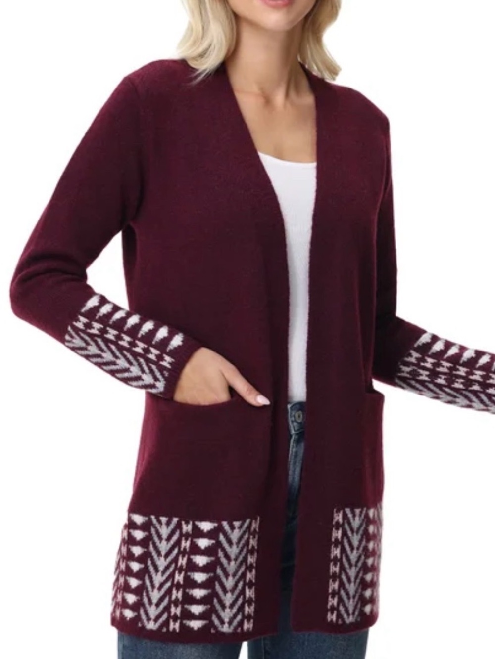 Frye Burgundy and White Open-Front Knit Cardigan - Picture 2 of 4